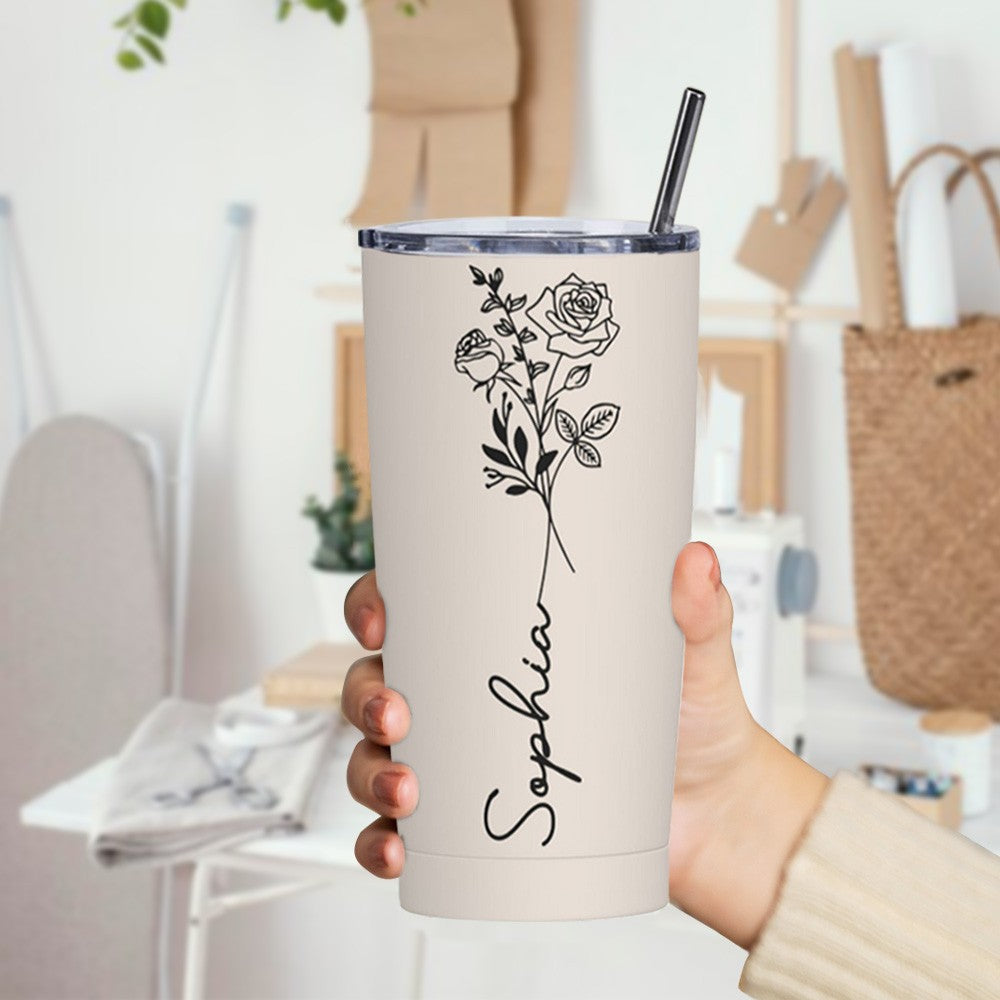 Personalized Birth Flower & Name Tumbler, 20oz Bouquet Travel Tumbler with Straw and Lid, Mother's Day/Birthday/Wedding Gift for Her/Women/Friends