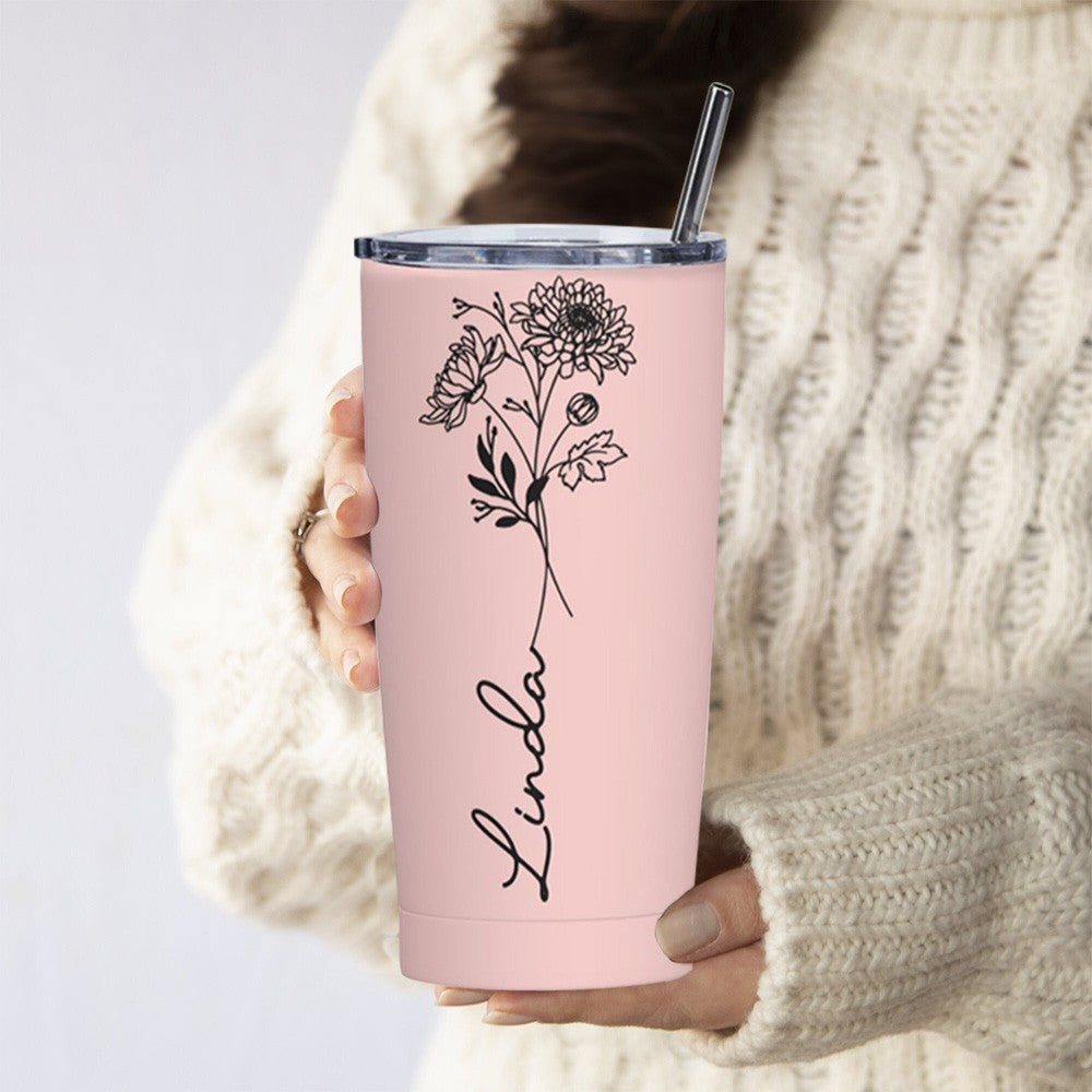 Personalized Birth Flower & Name Tumbler, 20oz Bouquet Travel Tumbler with Straw and Lid, Mother's Day/Birthday/Wedding Gift for Her/Women/Friends