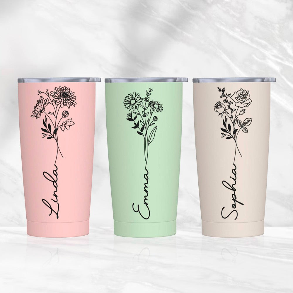 Personalized Birth Flower & Name Tumbler, 20oz Bouquet Travel Tumbler with Straw and Lid, Mother's Day/Birthday/Wedding Gift for Her/Women/Friends