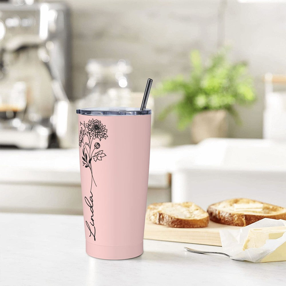 Personalized Birth Flower & Name Tumbler, 20oz Bouquet Travel Tumbler with Straw and Lid, Mother's Day/Birthday/Wedding Gift for Her/Women/Friends