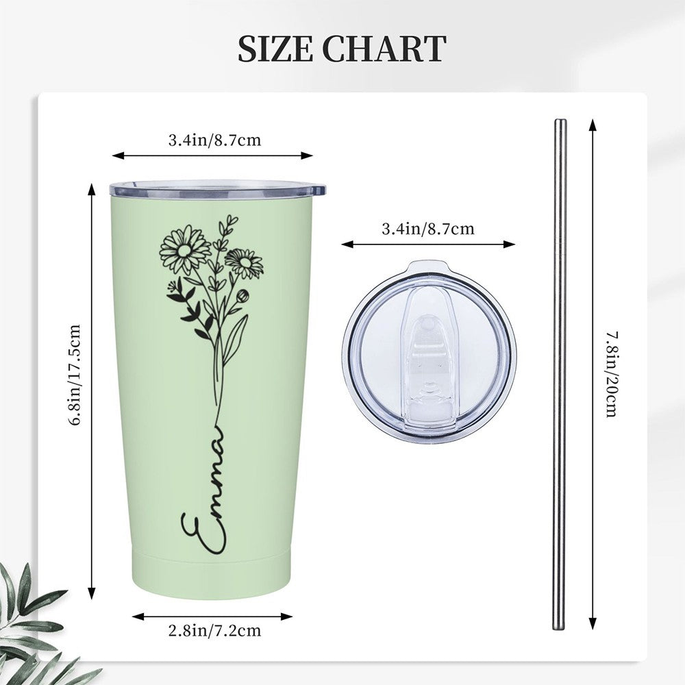 Personalized Birth Flower & Name Tumbler, 20oz Bouquet Travel Tumbler with Straw and Lid, Mother's Day/Birthday/Wedding Gift for Her/Women/Friends