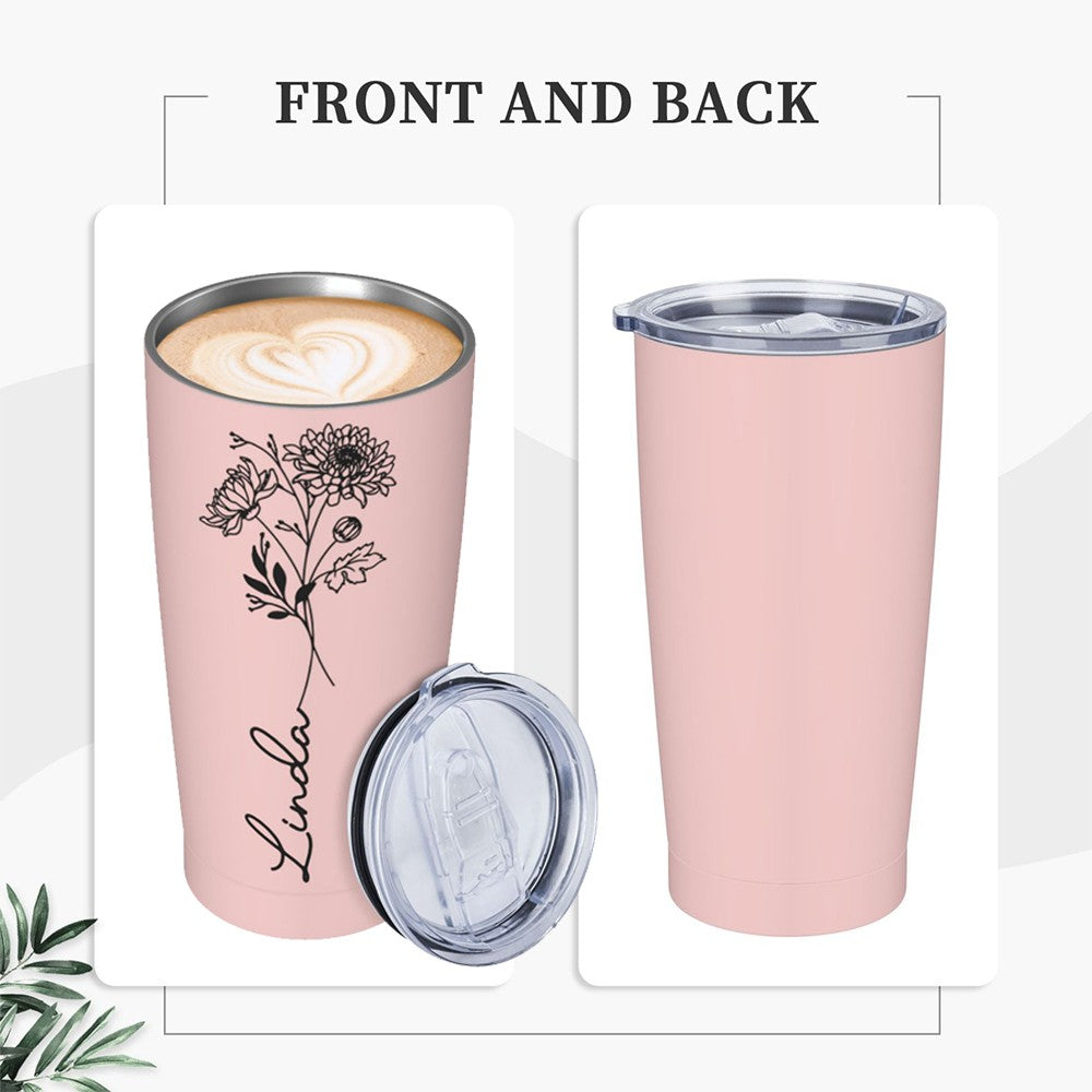 Personalized Birth Flower & Name Tumbler, 20oz Bouquet Travel Tumbler with Straw and Lid, Mother's Day/Birthday/Wedding Gift for Her/Women/Friends