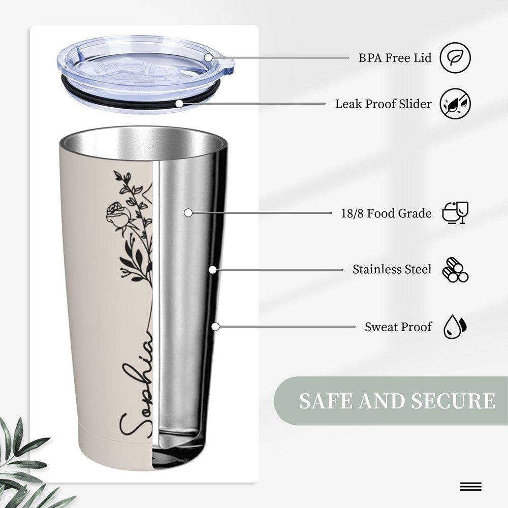 Personalized Birth Flower & Name Tumbler, 20oz Bouquet Travel Tumbler with Straw and Lid, Mother's Day/Birthday/Wedding Gift for Her/Women/Friends