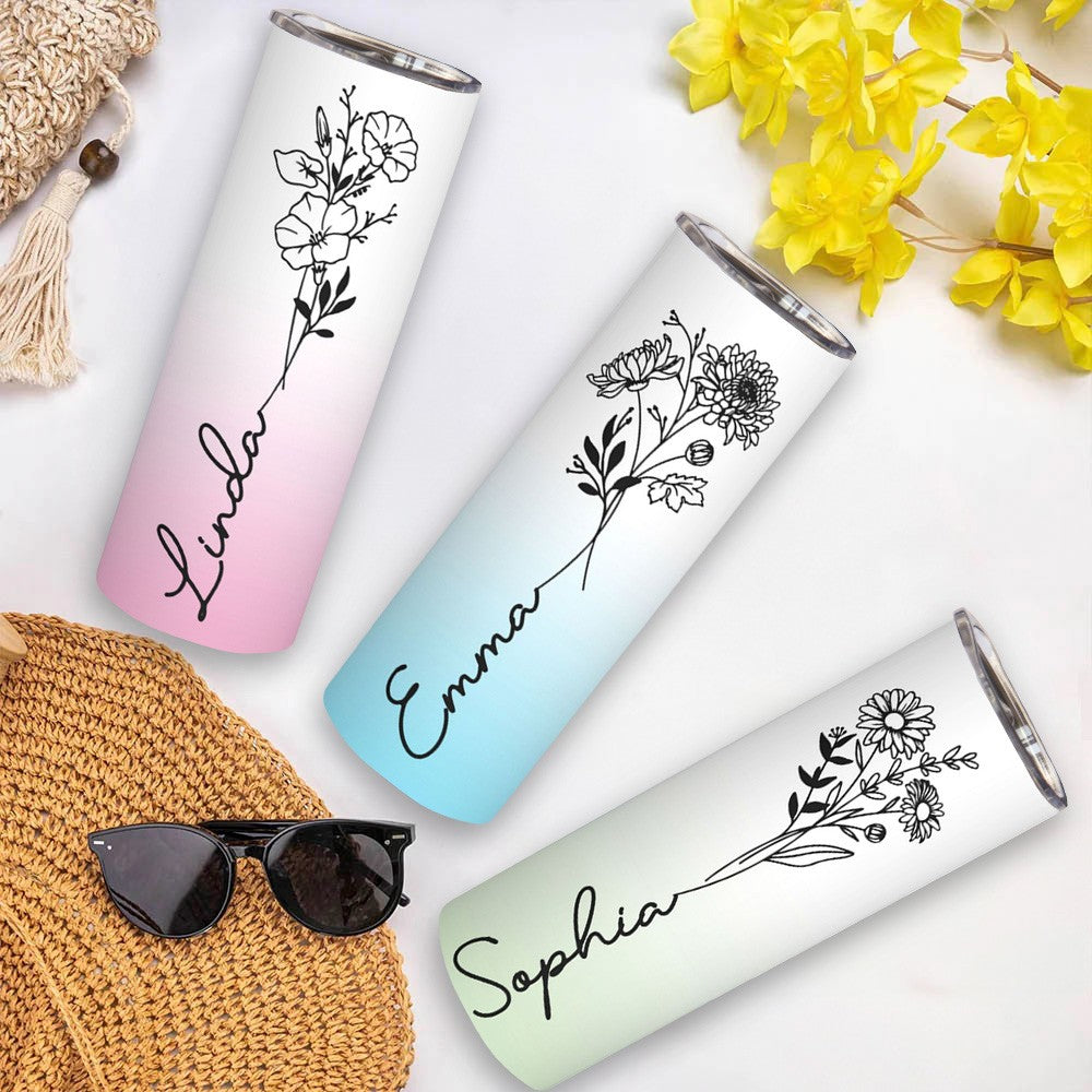 Personalized Birth Flower Name Gradient Skinny Tumbler, 20oz Floral Travel Tumbler with Straw & Lid, Stainless Steel Tumbler, Gift for Friend/Sister
