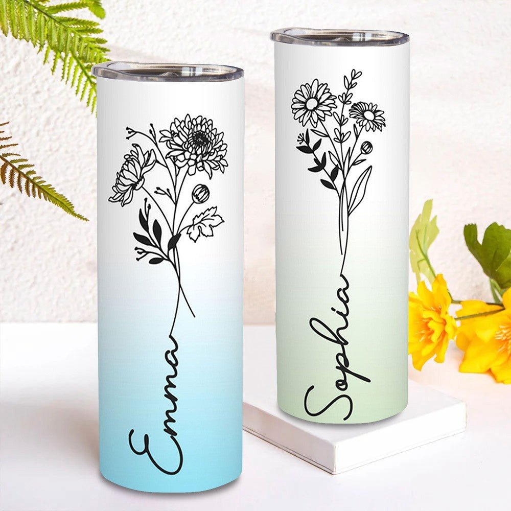 Personalized Birth Flower Name Gradient Skinny Tumbler, 20oz Floral Travel Tumbler with Straw & Lid, Stainless Steel Tumbler, Gift for Friend/Sister