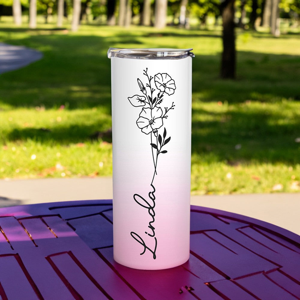 Personalized Birth Flower Name Gradient Skinny Tumbler, 20oz Floral Travel Tumbler with Straw & Lid, Stainless Steel Tumbler, Gift for Friend/Sister