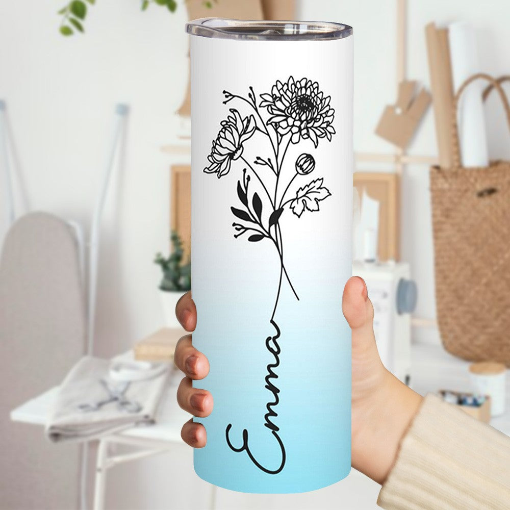 Personalized Birth Flower Name Gradient Skinny Tumbler, 20oz Floral Travel Tumbler with Straw & Lid, Stainless Steel Tumbler, Gift for Friend/Sister