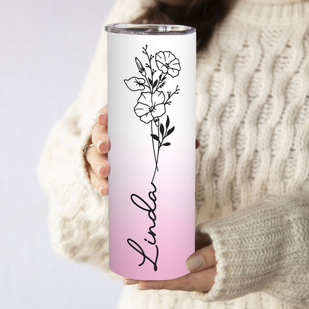Personalized Birth Flower Name Gradient Skinny Tumbler, 20oz Floral Travel Tumbler with Straw & Lid, Stainless Steel Tumbler, Gift for Friend/Sister