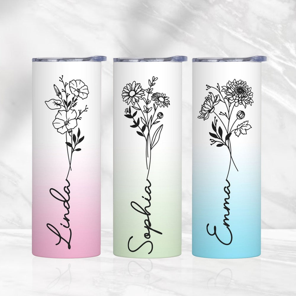 Personalized Birth Flower Name Gradient Skinny Tumbler, 20oz Floral Travel Tumbler with Straw & Lid, Stainless Steel Tumbler, Gift for Friend/Sister