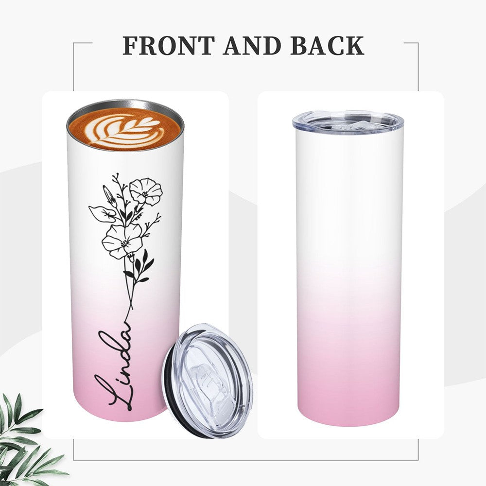 Personalized Birth Flower Name Gradient Skinny Tumbler, 20oz Floral Travel Tumbler with Straw & Lid, Stainless Steel Tumbler, Gift for Friend/Sister