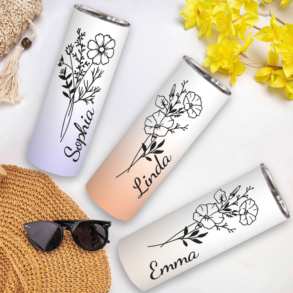 Personalized Birth Flower Name Gradient Tumbler, Custom Stainless Steel Tumbler, Tumbler with Straw & Lid, Birthday/Wedding/Mother's Day Gift for Her