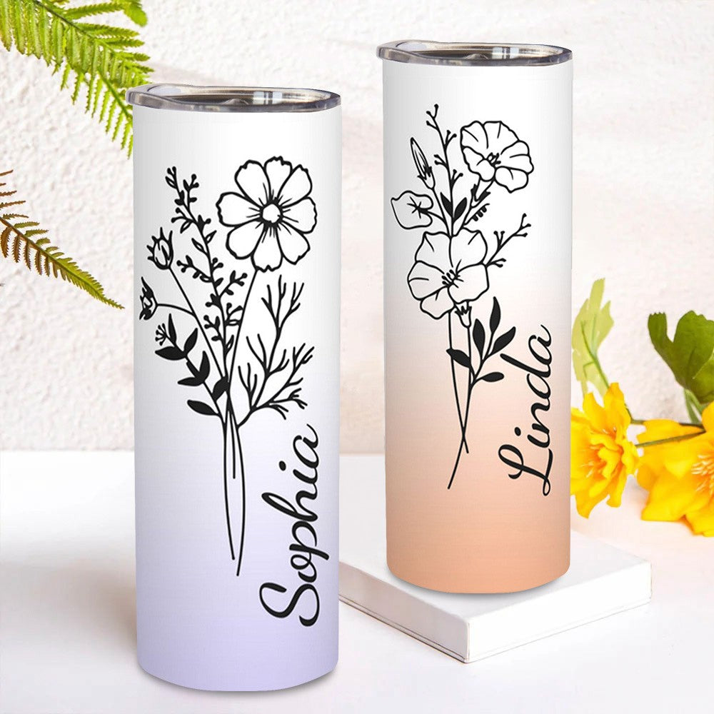 Personalized Birth Flower Name Gradient Tumbler, Custom Stainless Steel Tumbler, Tumbler with Straw & Lid, Birthday/Wedding/Mother's Day Gift for Her