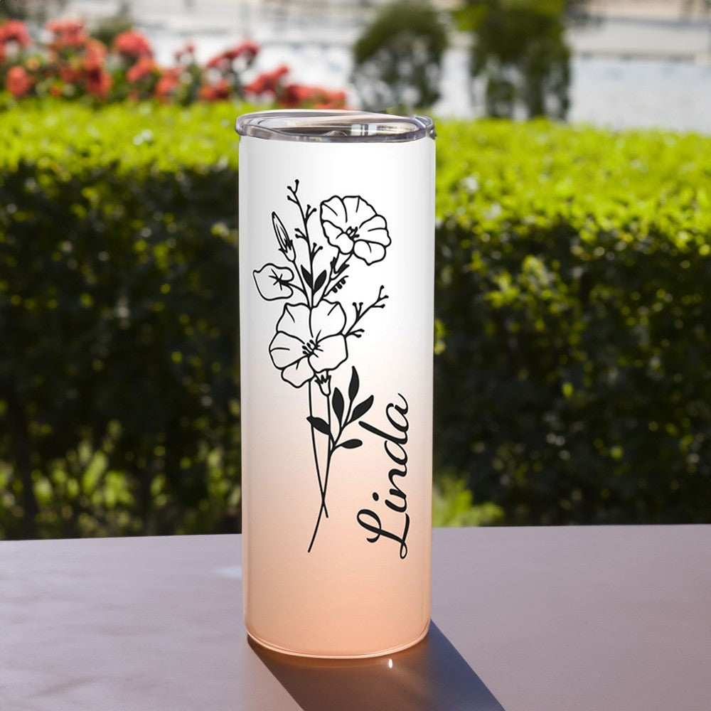 Personalized Birth Flower Name Gradient Tumbler, Custom Stainless Steel Tumbler, Tumbler with Straw & Lid, Birthday/Wedding/Mother's Day Gift for Her