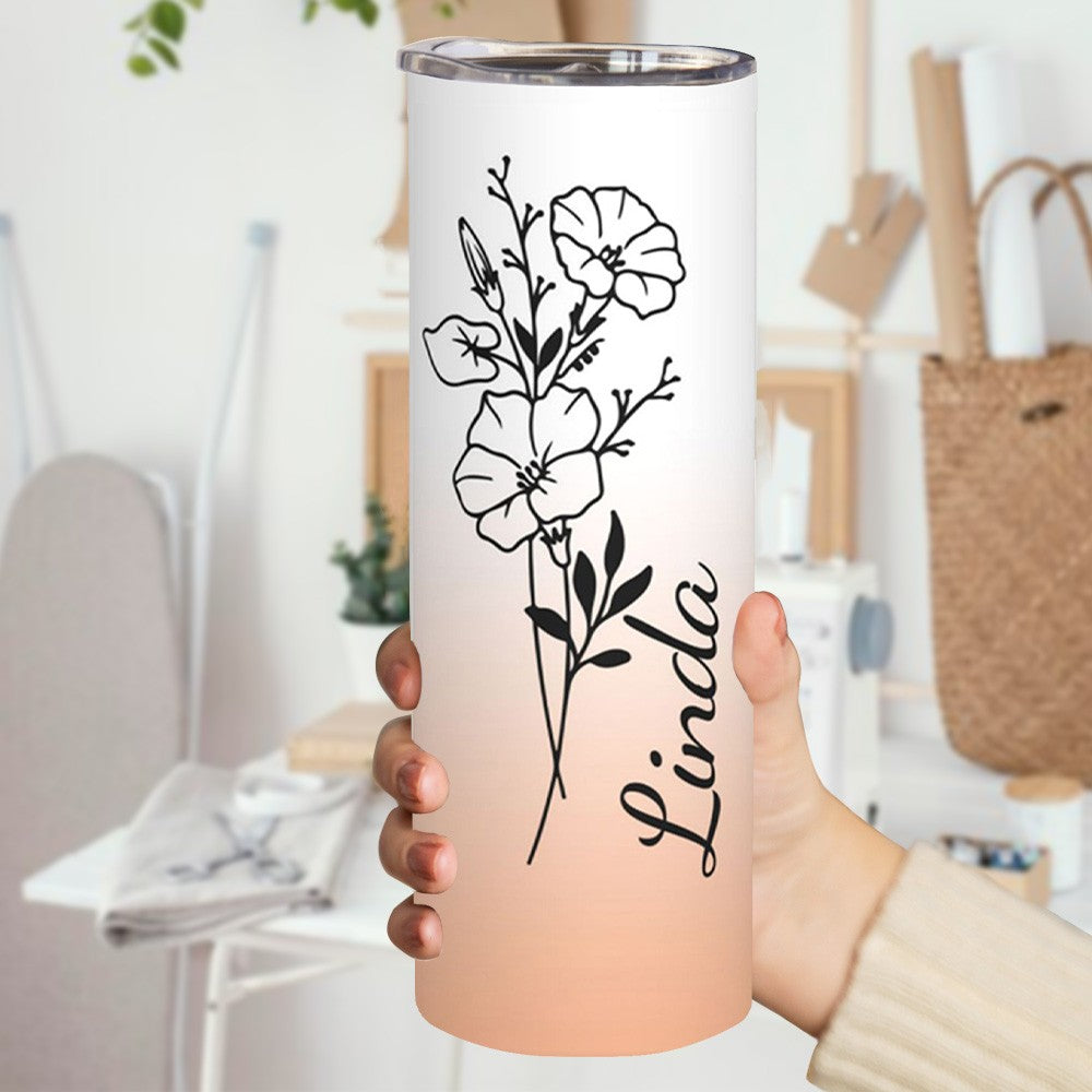Personalized Birth Flower Name Gradient Tumbler, Custom Stainless Steel Tumbler, Tumbler with Straw & Lid, Birthday/Wedding/Mother's Day Gift for Her