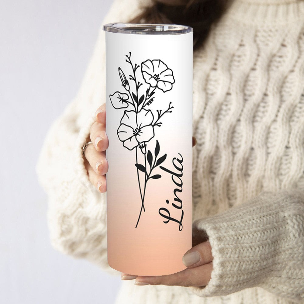 Personalized Birth Flower Name Gradient Tumbler, Custom Stainless Steel Tumbler, Tumbler with Straw & Lid, Birthday/Wedding/Mother's Day Gift for Her