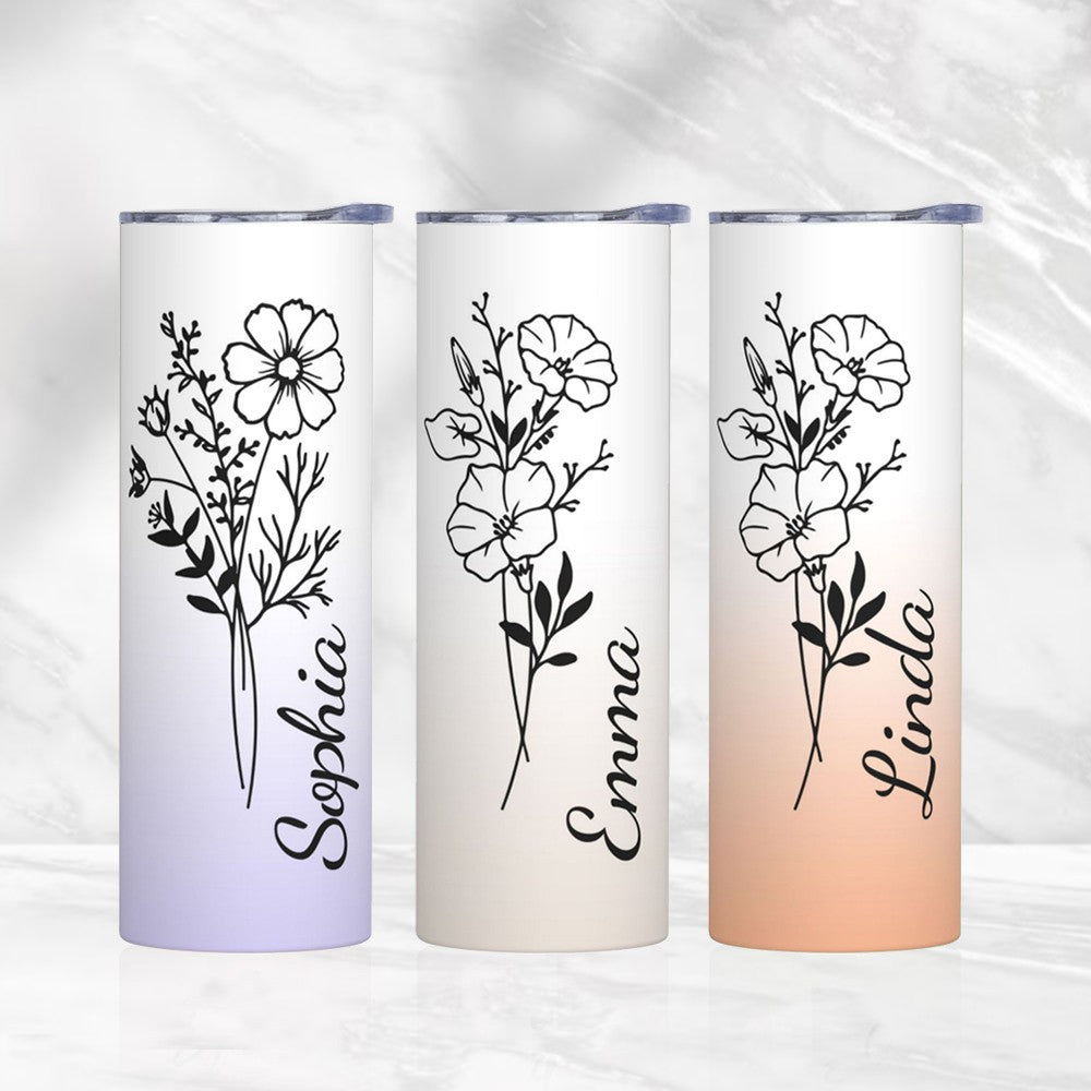 Personalized Birth Flower Name Gradient Tumbler, Custom Stainless Steel Tumbler, Tumbler with Straw & Lid, Birthday/Wedding/Mother's Day Gift for Her