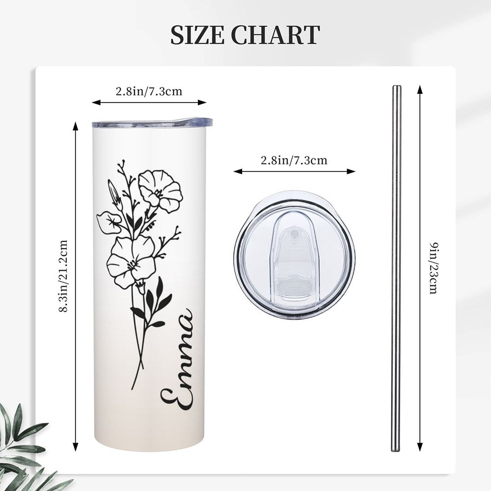 Personalized Birth Flower Name Gradient Tumbler, Custom Stainless Steel Tumbler, Tumbler with Straw & Lid, Birthday/Wedding/Mother's Day Gift for Her