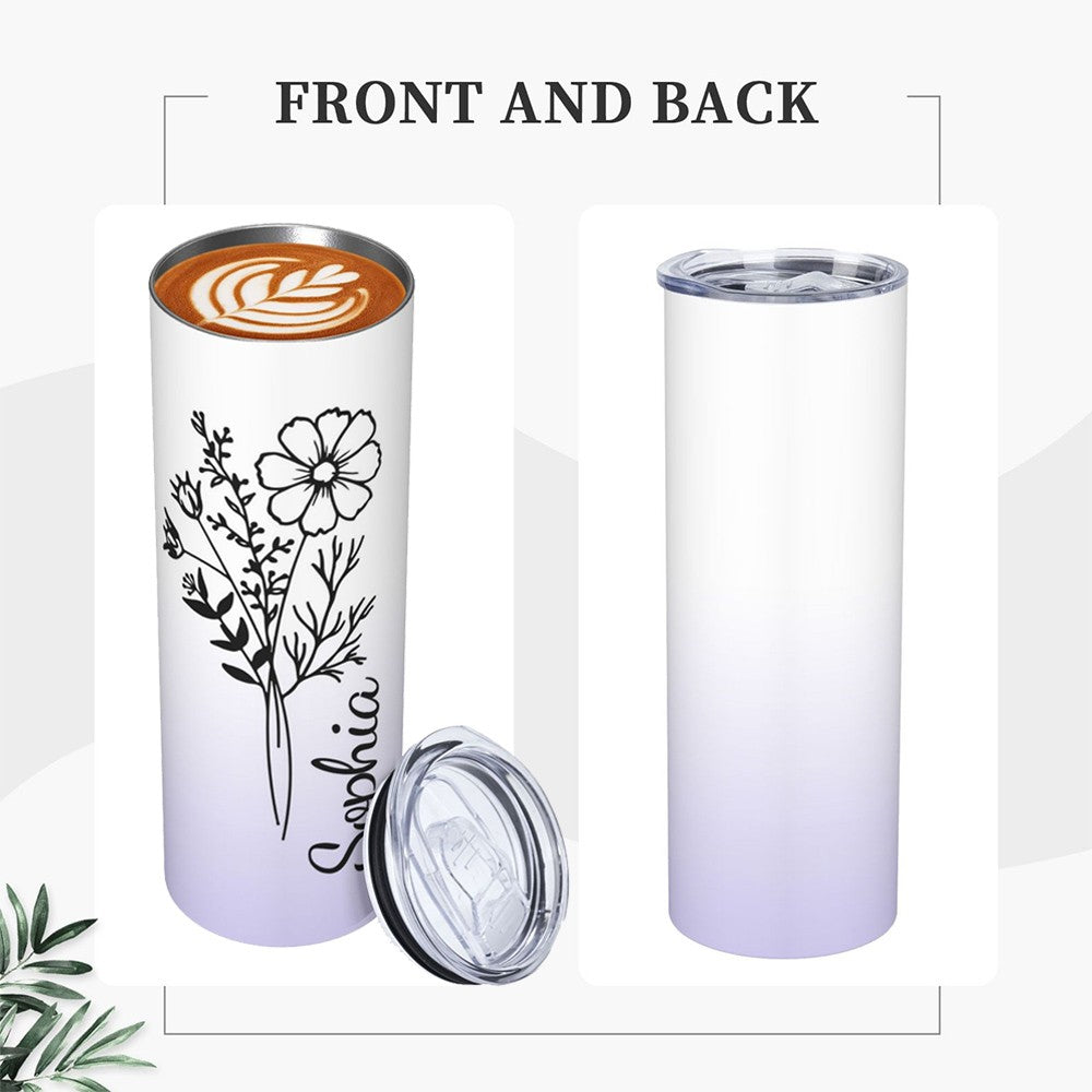 Personalized Birth Flower Name Gradient Tumbler, Custom Stainless Steel Tumbler, Tumbler with Straw & Lid, Birthday/Wedding/Mother's Day Gift for Her