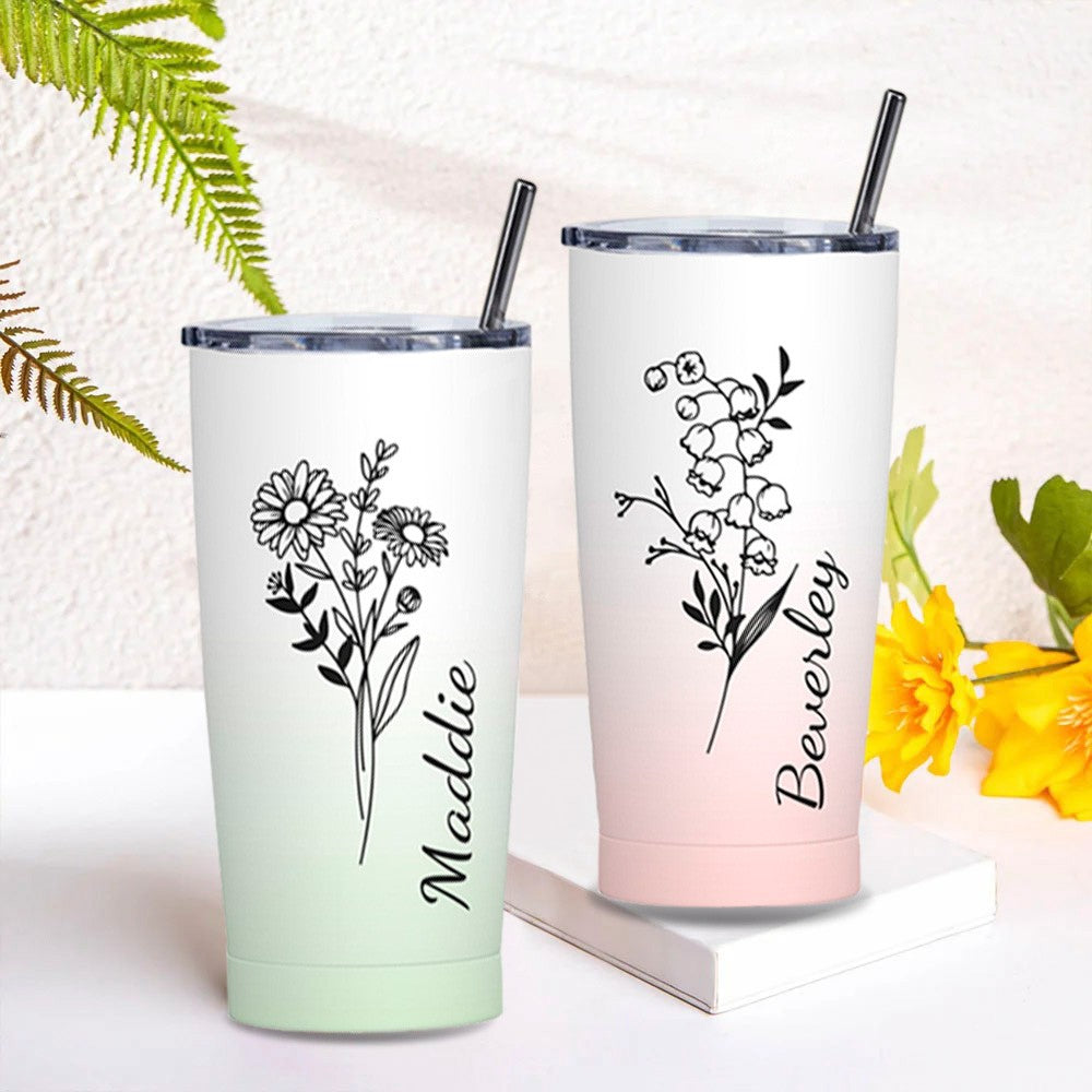 Personalized Birth Flower Gradient Coffee Tumbler, 20oz Name Tumbler with Straw & Lid, Travel Tumbler Cup, Birthday Gift for Family/Friend/Bridesmaid