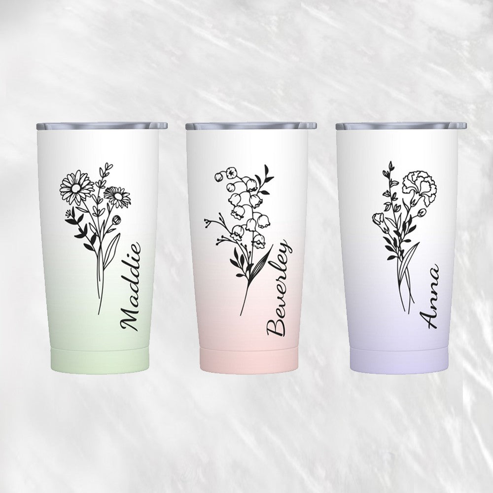 Personalized Birth Flower Gradient Coffee Tumbler, 20oz Name Tumbler with Straw & Lid, Travel Tumbler Cup, Birthday Gift for Family/Friend/Bridesmaid