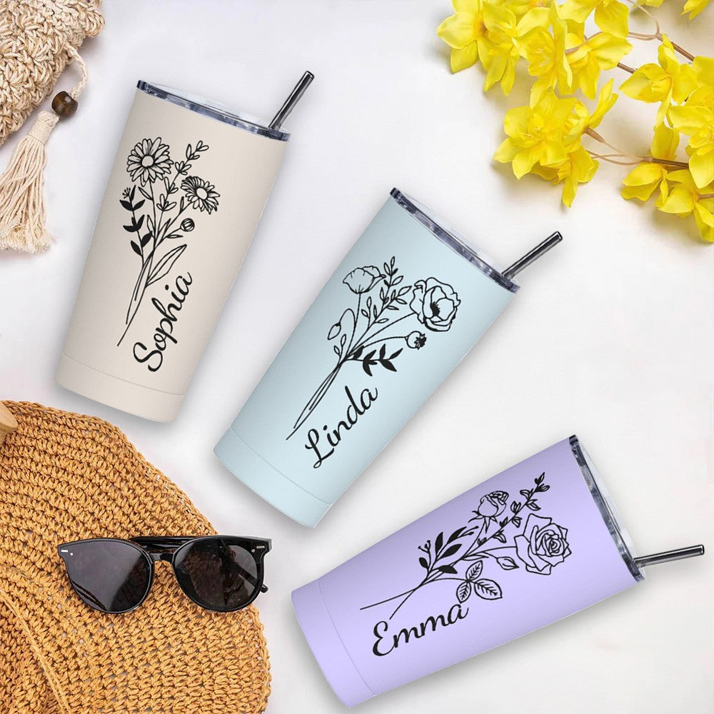 Personalized Name Birth Flower Tumbler with Multiple Colors, 20oz Stainless Steel Tumbler Cup with Straw & Lid, Birthday/Wedding/Mother's Day for Her