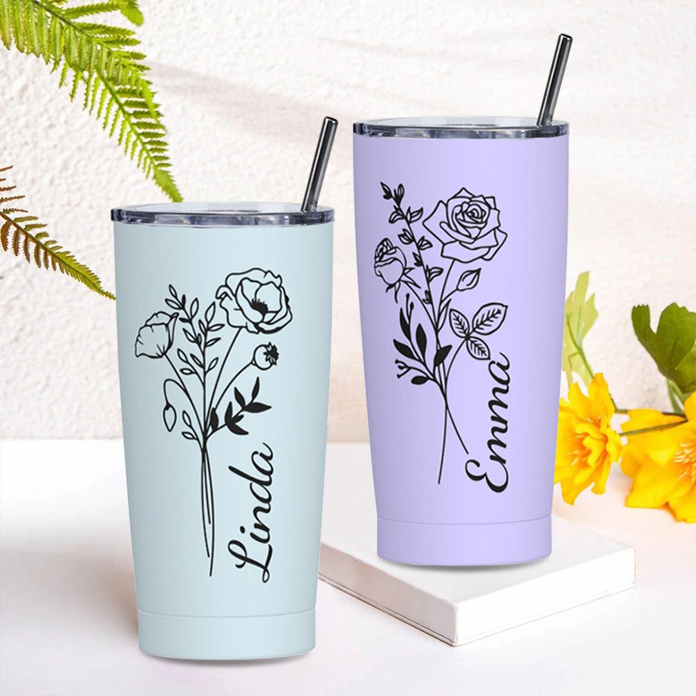 Personalized Name Birth Flower Tumbler with Multiple Colors, 20oz Stainless Steel Tumbler Cup with Straw & Lid, Birthday/Wedding/Mother's Day for Her