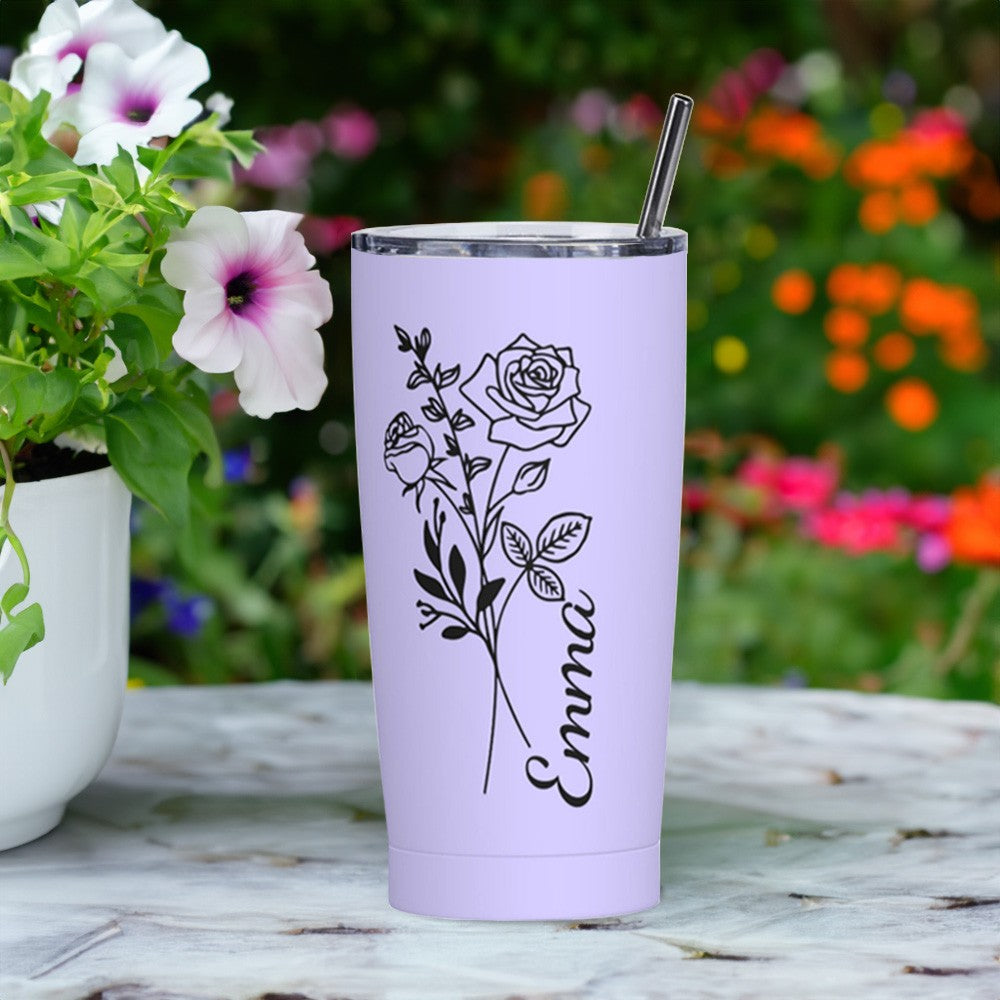 Personalized Name Birth Flower Tumbler with Multiple Colors, 20oz Stainless Steel Tumbler Cup with Straw & Lid, Birthday/Wedding/Mother's Day for Her