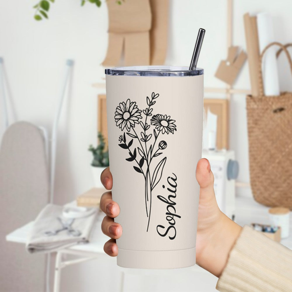 Personalized Name Birth Flower Tumbler with Multiple Colors, 20oz Stainless Steel Tumbler Cup with Straw & Lid, Birthday/Wedding/Mother's Day for Her