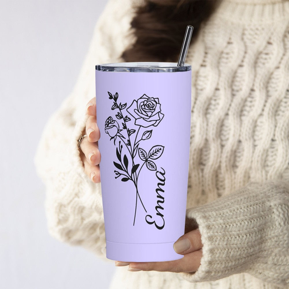 Personalized Name Birth Flower Tumbler with Multiple Colors, 20oz Stainless Steel Tumbler Cup with Straw & Lid, Birthday/Wedding/Mother's Day for Her