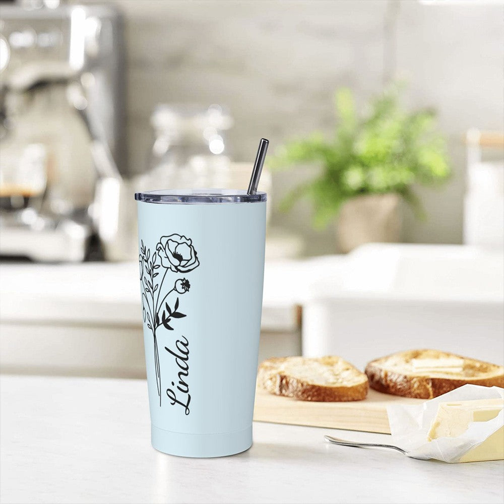 Personalized Name Birth Flower Tumbler with Multiple Colors, 20oz Stainless Steel Tumbler Cup with Straw & Lid, Birthday/Wedding/Mother's Day for Her