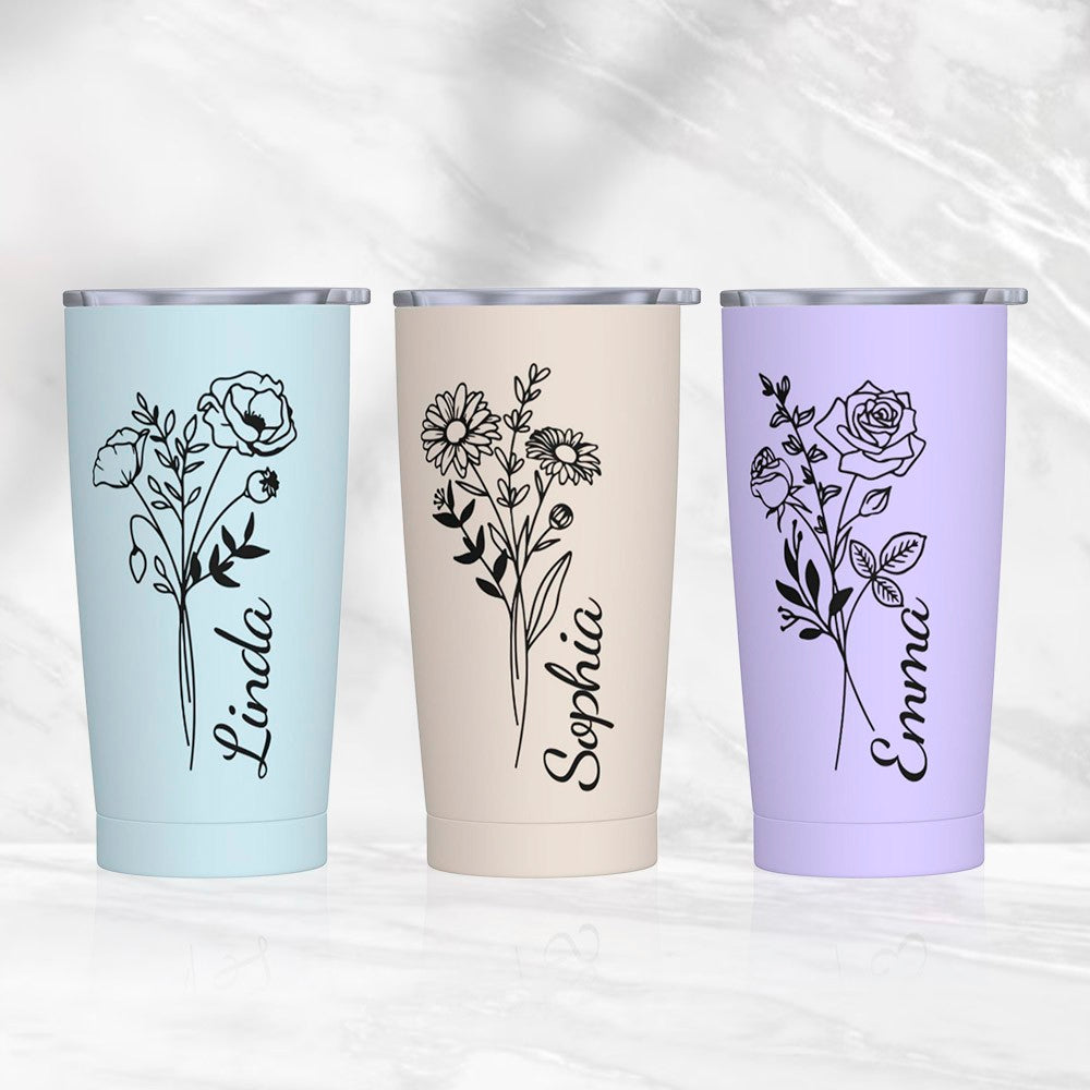 Personalized Name Birth Flower Tumbler with Multiple Colors, 20oz Stainless Steel Tumbler Cup with Straw & Lid, Birthday/Wedding/Mother's Day for Her