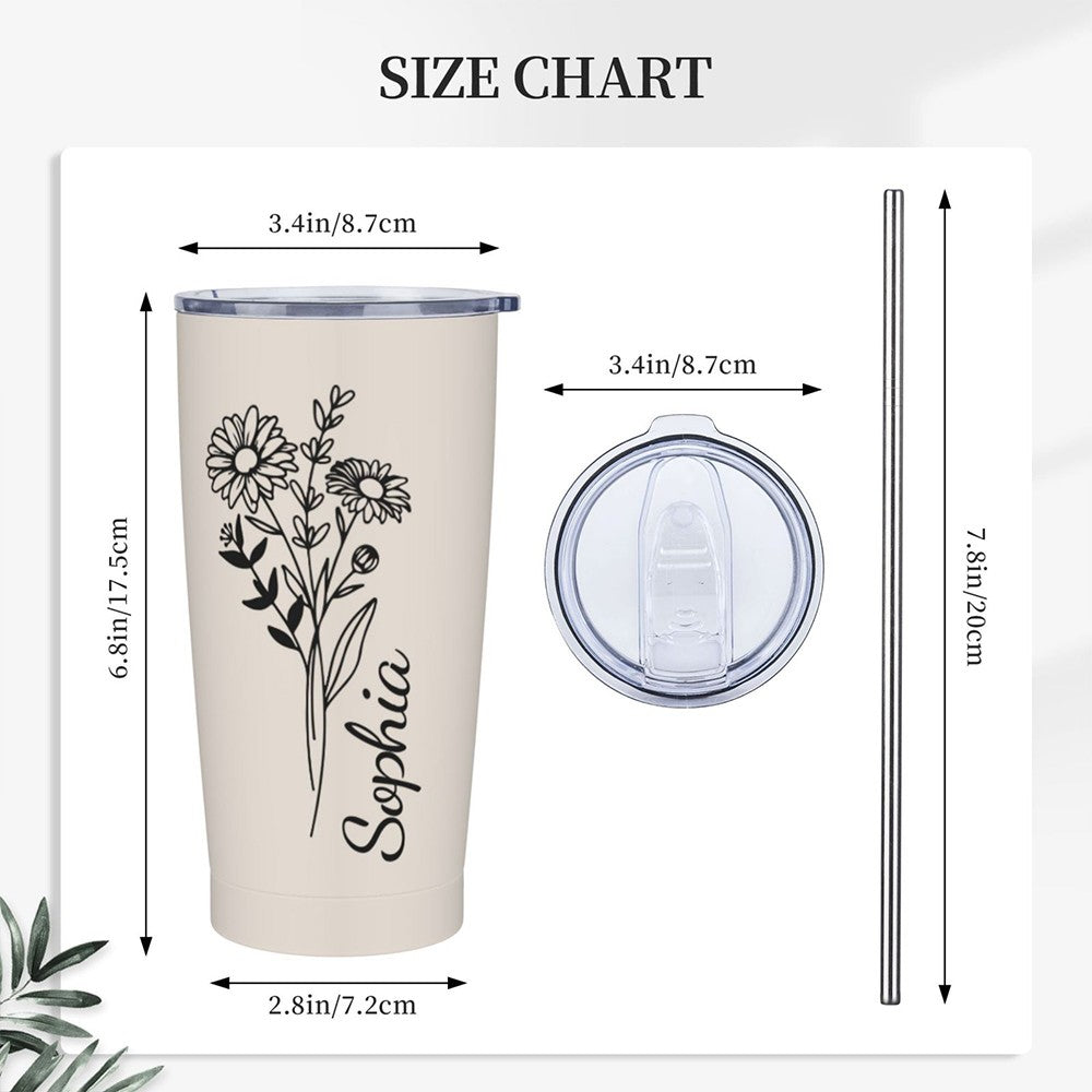 Personalized Name Birth Flower Tumbler with Multiple Colors, 20oz Stainless Steel Tumbler Cup with Straw & Lid, Birthday/Wedding/Mother's Day for Her