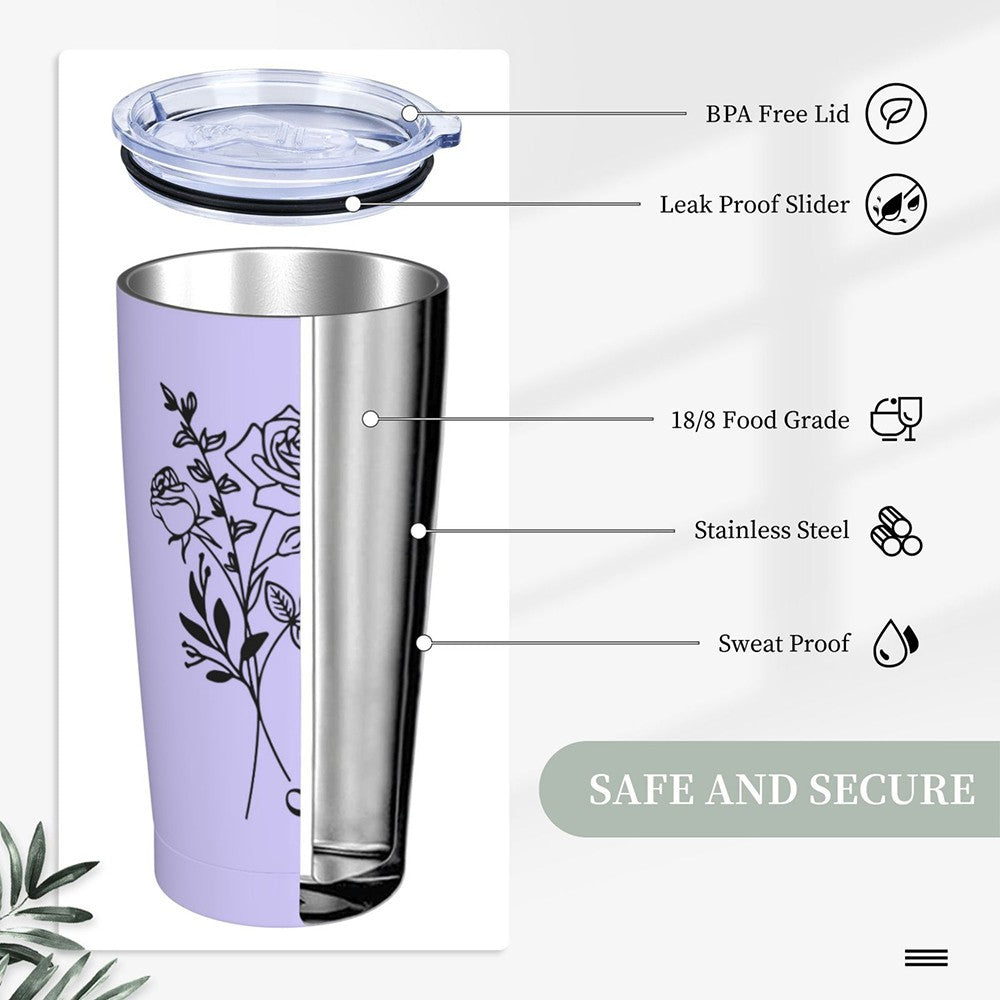 Personalized Name Birth Flower Tumbler with Multiple Colors, 20oz Stainless Steel Tumbler Cup with Straw & Lid, Birthday/Wedding/Mother's Day for Her