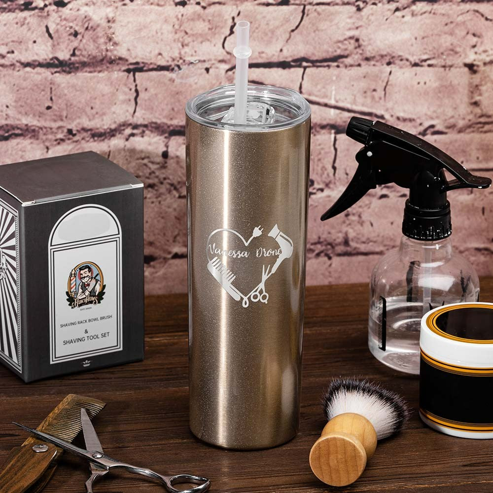 Personalized Barber Skinny Tumbler with Salon Sign, Custom Name 20oz Stainless Steel Tumbler, Professional Gift for Hairdresser/Hairstylist/Hairapist
