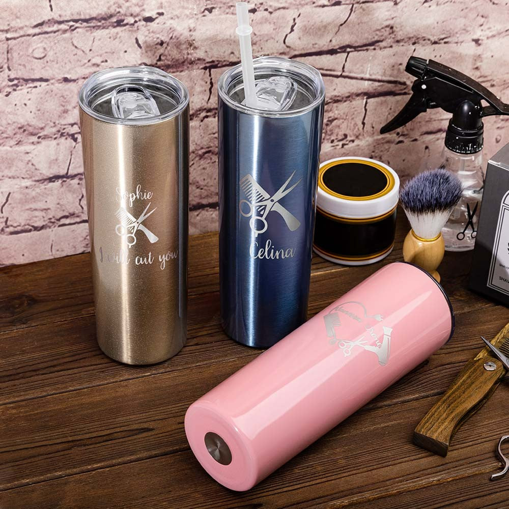 Personalized Barber Skinny Tumbler with Salon Sign, Custom Name 20oz Stainless Steel Tumbler, Professional Gift for Hairdresser/Hairstylist/Hairapist