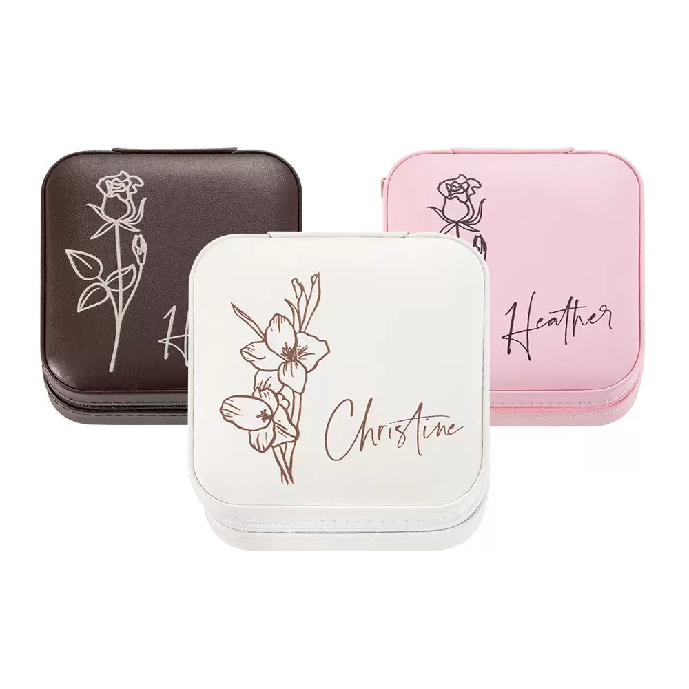 Custom Name Birth Flower Jewelry Travel Case, Vegan Leather Jewelry Organizer Box, Birthday/Mother's Day/Wedding Gift for Mother/Wife/Bridesmaids