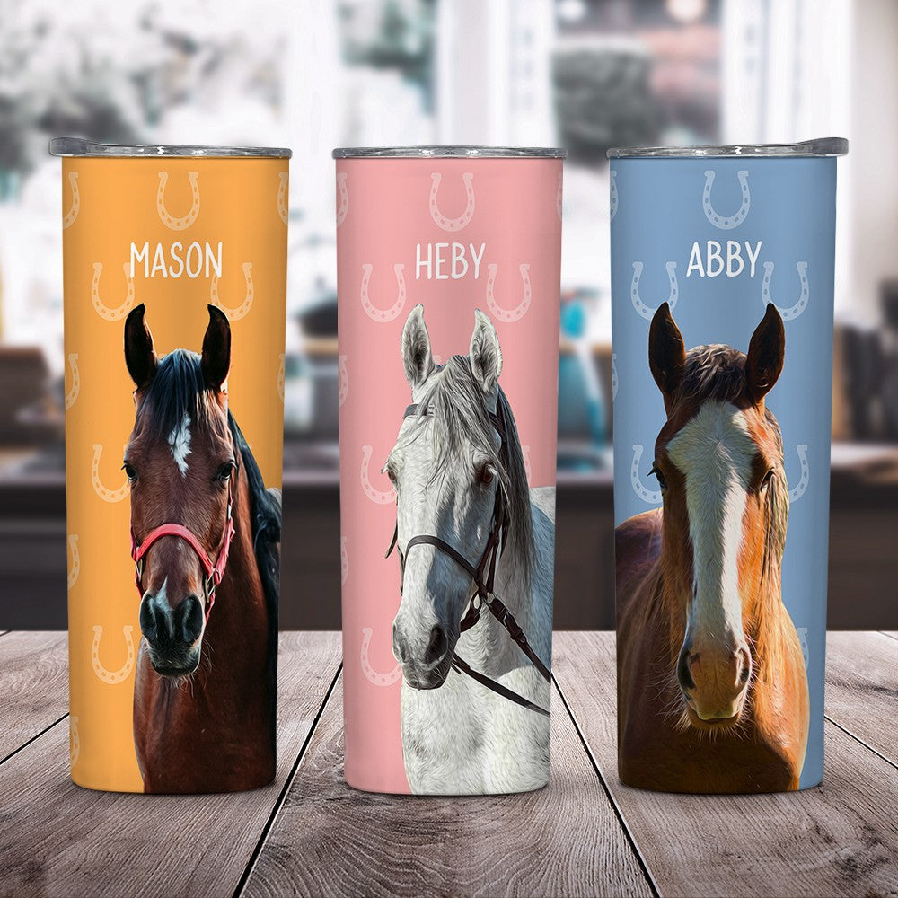 Custom Name & Photo Horse Tumbler, Stainless Steel 20oz Horse Girl Travel Mug with Straw, Gift for Horseback Rider/Horse Lover/Equestrian Enthusiast