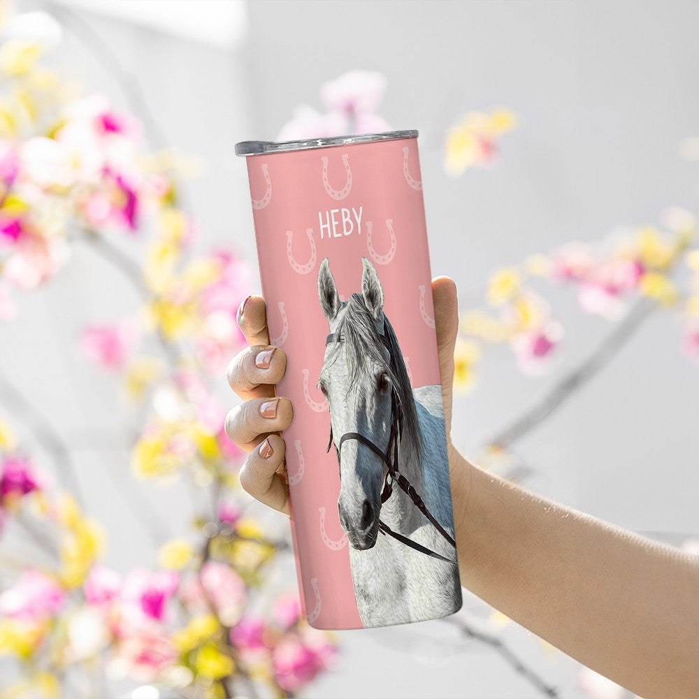 Custom Name & Photo Horse Tumbler, Stainless Steel 20oz Horse Girl Travel Mug with Straw, Gift for Horseback Rider/Horse Lover/Equestrian Enthusiast