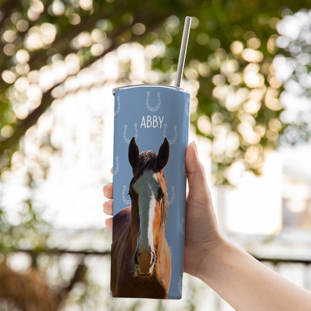Custom Name & Photo Horse Tumbler, Stainless Steel 20oz Horse Girl Travel Mug with Straw, Gift for Horseback Rider/Horse Lover/Equestrian Enthusiast
