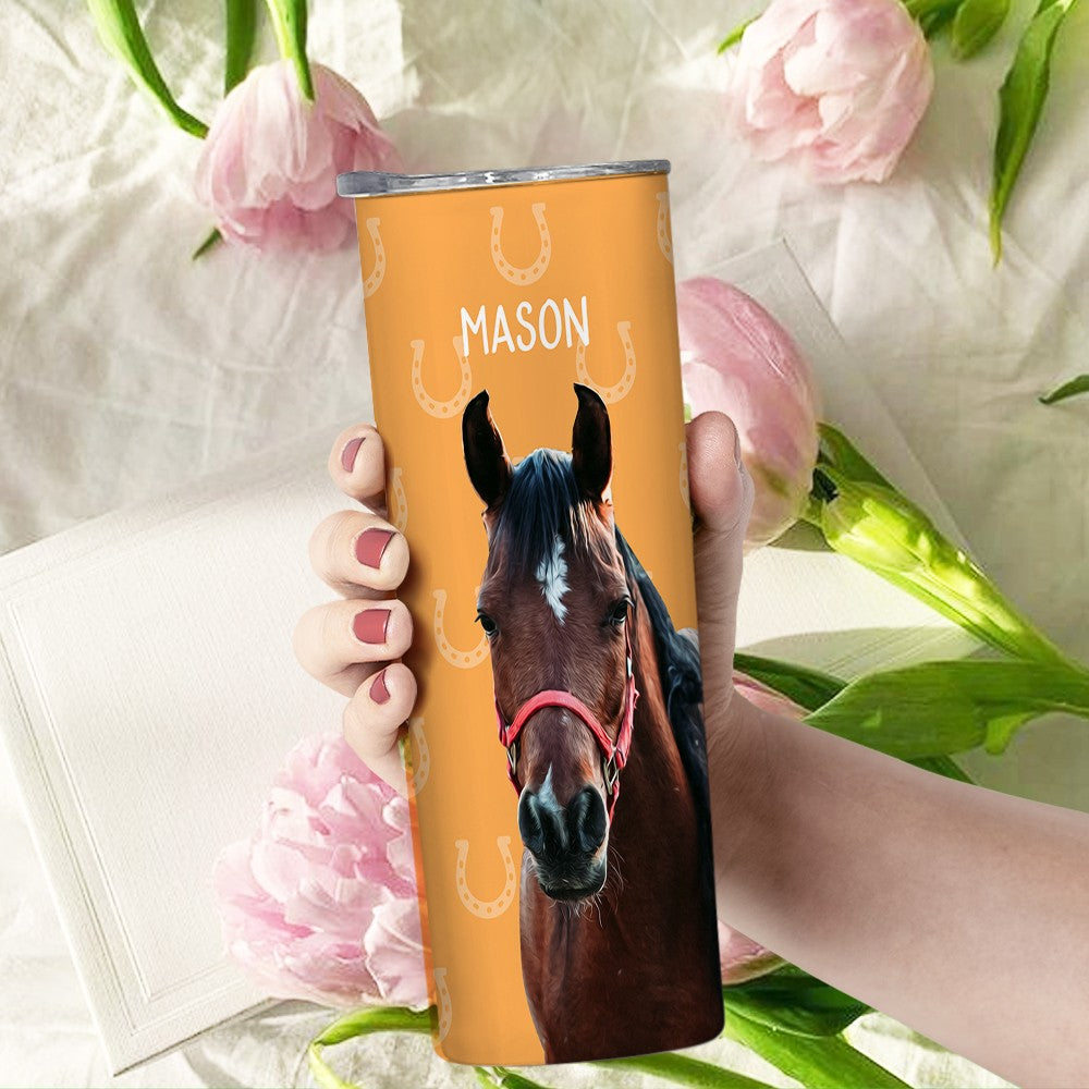 Custom Name & Photo Horse Tumbler, Stainless Steel 20oz Horse Girl Travel Mug with Straw, Gift for Horseback Rider/Horse Lover/Equestrian Enthusiast