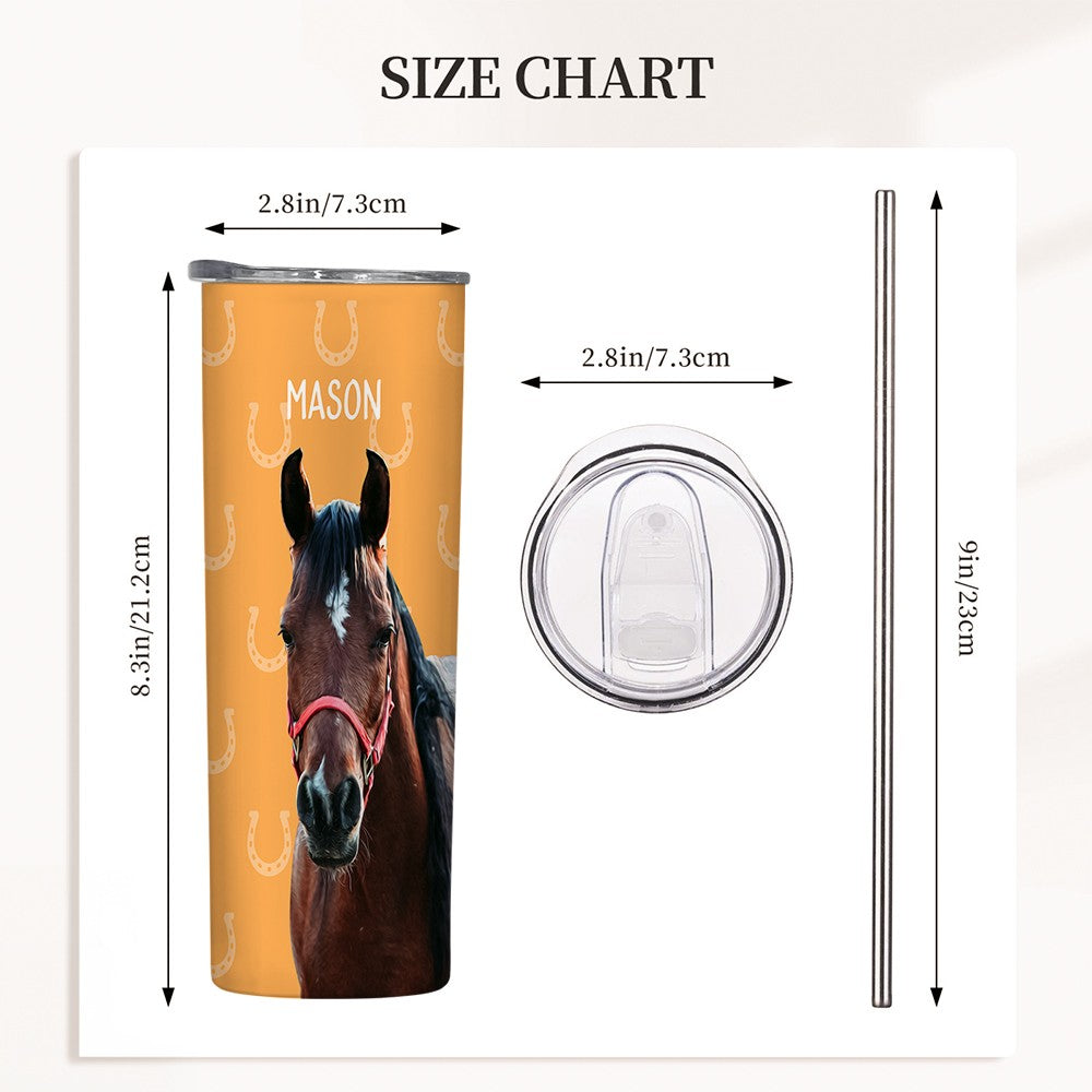 Custom Name & Photo Horse Tumbler, Stainless Steel 20oz Horse Girl Travel Mug with Straw, Gift for Horseback Rider/Horse Lover/Equestrian Enthusiast