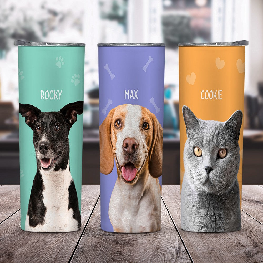Personalized Pet Portrait Tumbler, Stainless Steel 20oz Dog & Cat Travel Mug with Straw, Custom 1-3 Pets Photo Tumbler, Gift for Pet Lover/Pet Owner