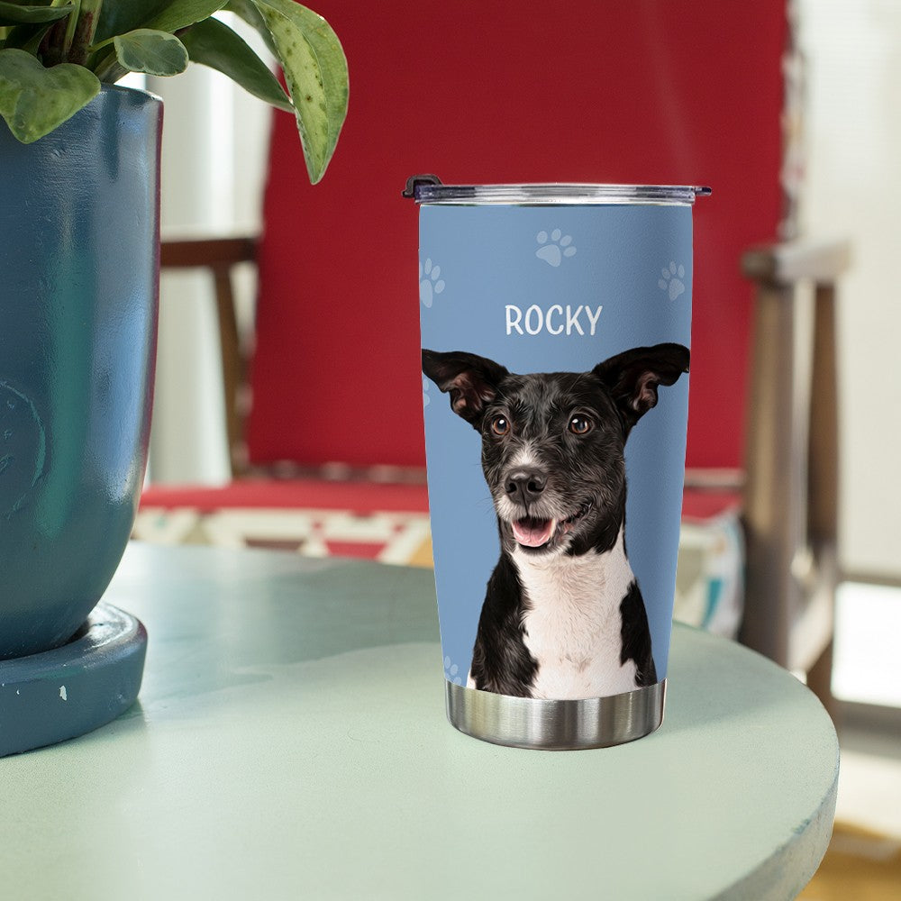 Custom Name Pet Portrait Tumbler, Stainless Steel 20oz Dog & Cat Travel Mug with Straw, Custom 1-3 Pets Photo Tumbler, Gift for Pet Lover/Pet Owner