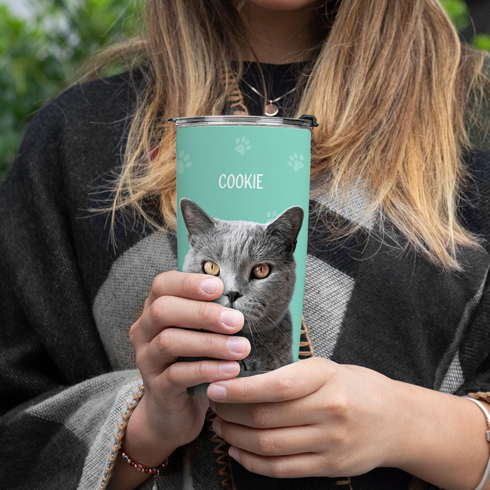Custom Name Pet Portrait Tumbler, Stainless Steel 20oz Dog & Cat Travel Mug with Straw, Custom 1-3 Pets Photo Tumbler, Gift for Pet Lover/Pet Owner