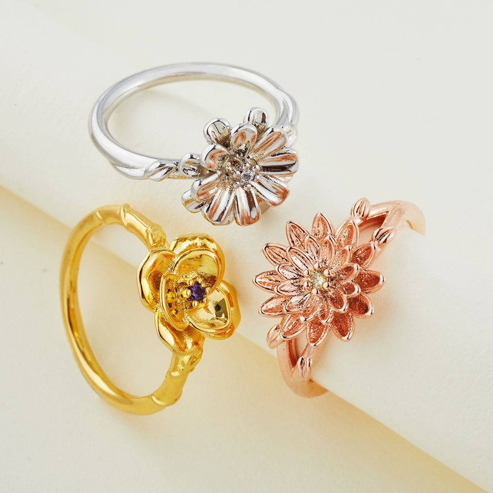 Custom Birth Flower Ring with Birthstone, Sterling Silver 925 Statement Floral Ring, Best Friend/Birthday/Mother's Day Gift for Her/Mother/Grandma