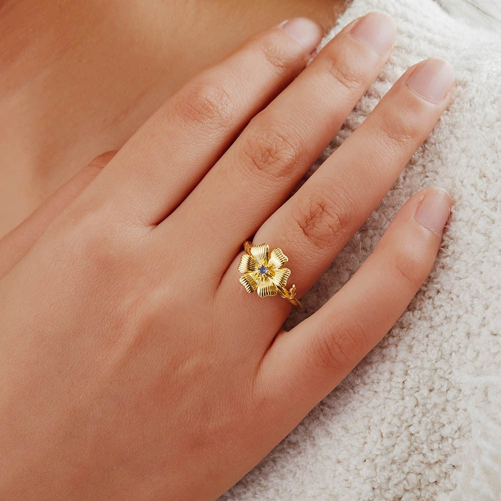 Custom Birth Flower Ring with Birthstone, Sterling Silver 925 Statement Floral Ring, Best Friend/Birthday/Mother's Day Gift for Her/Mother/Grandma