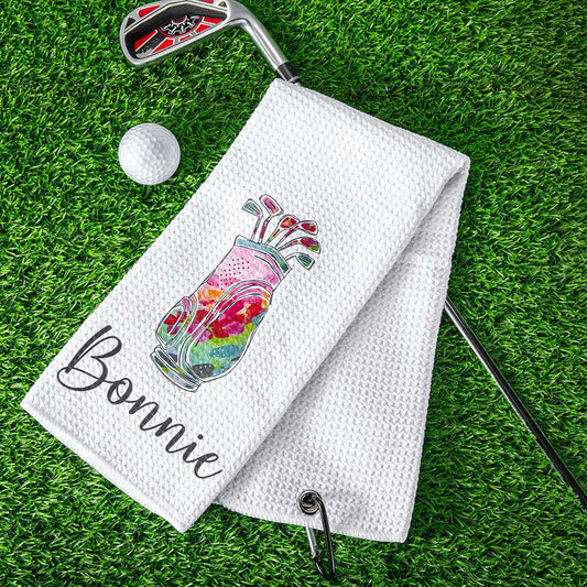 Personalized Colorful Golfing Clubs Waffle Towel with Hanging Clip and Name, Absorb Sweat Golf Towel, Birthday Gift for Golf Lovers