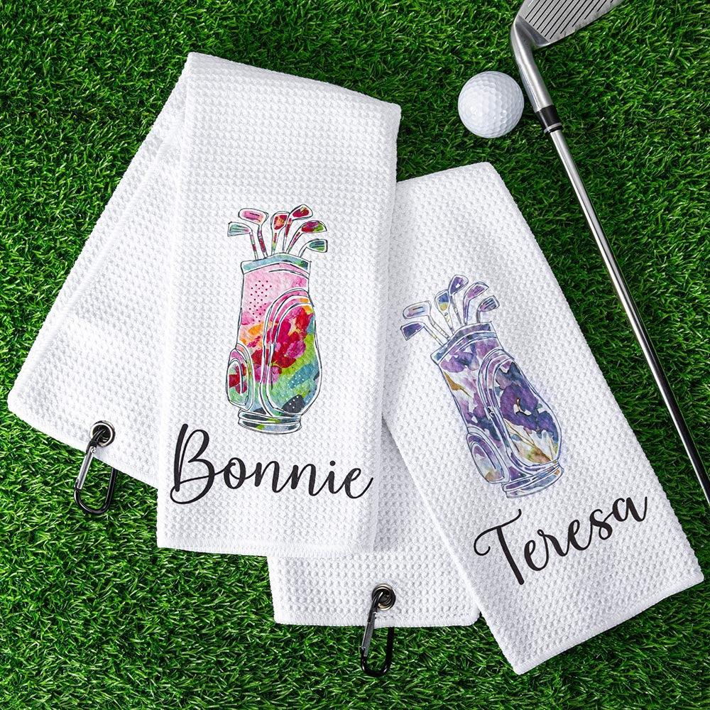 Personalized Colorful Golfing Clubs Waffle Towel with Hanging Clip and Name, Absorb Sweat Golf Towel, Birthday Gift for Golf Lovers
