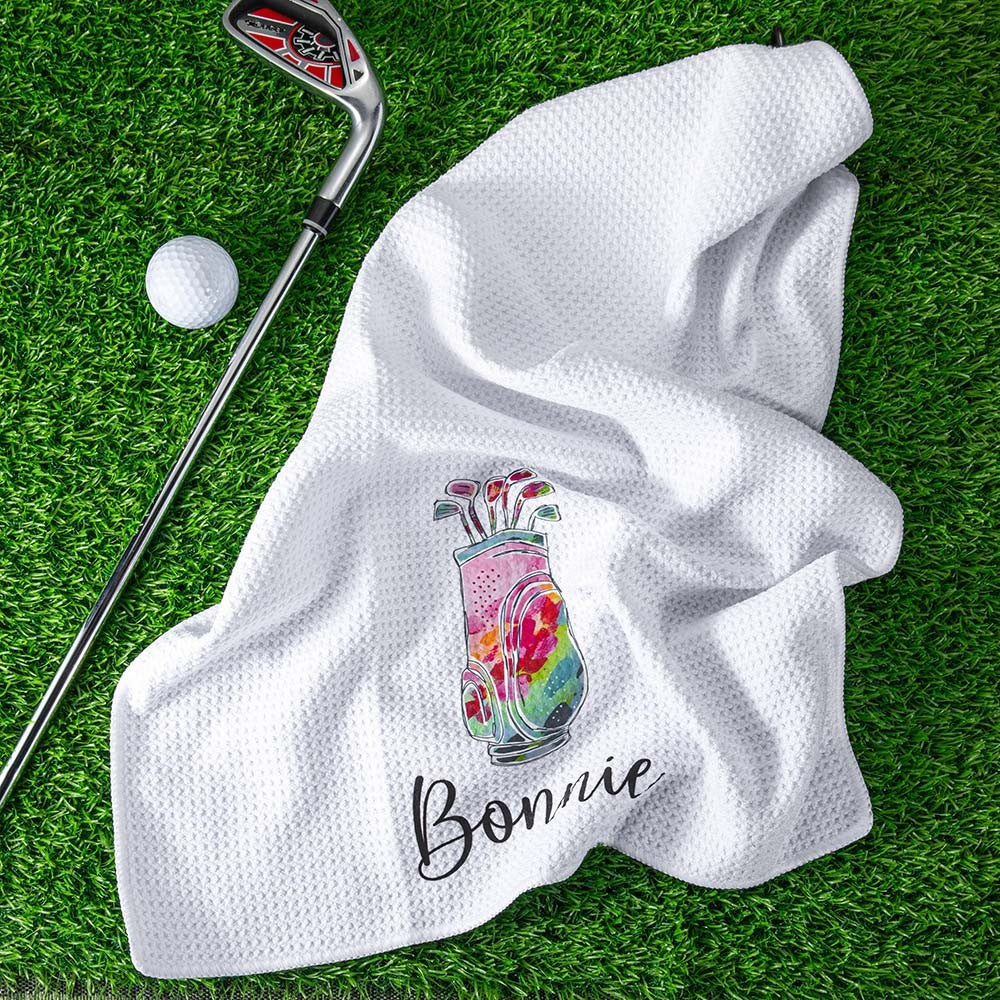 Personalized Colorful Golfing Clubs Waffle Towel with Hanging Clip and Name, Absorb Sweat Golf Towel, Birthday Gift for Golf Lovers