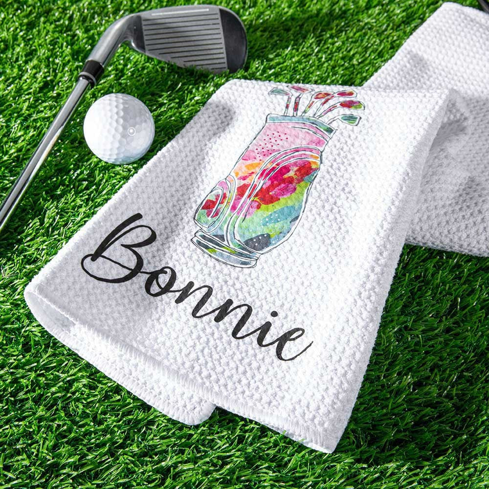 Personalized Colorful Golfing Clubs Waffle Towel with Hanging Clip and Name, Absorb Sweat Golf Towel, Birthday Gift for Golf Lovers